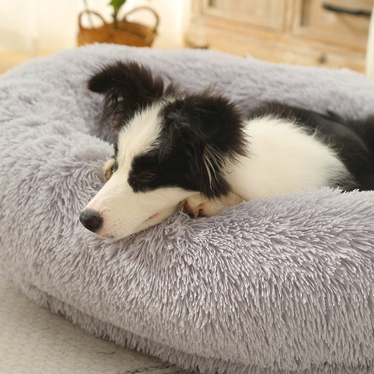 Fluffy Donut-Shaped Pet Bed- Soft, Cozy, and Anti-Anxiety for Dogs and Cats, Machine Washable  Light Gray  Size:S 60*15*18cm