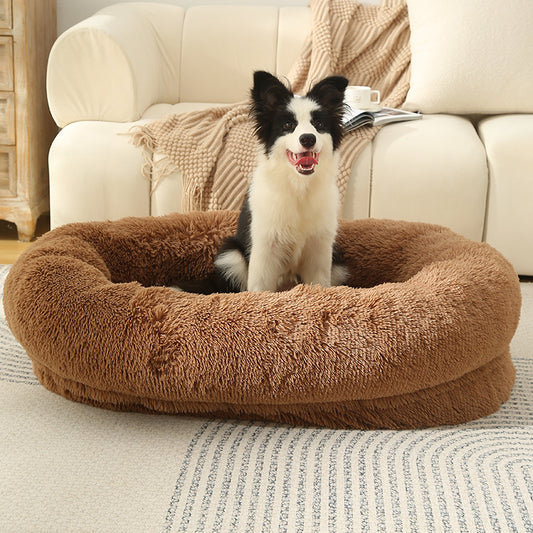 Fluffy Donut-Shaped Pet Bed- Soft, Cozy, and Anti-Anxiety for Dogs and Cats, Machine Washable  khaki Size:L 90*65*20cm