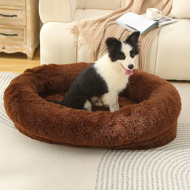 Fluffy Donut-Shaped Pet Bed- Soft, Cozy, and Anti-Anxiety for Dogs and Cats, Machine Washable  Coffee Size:M 75*55*18cm