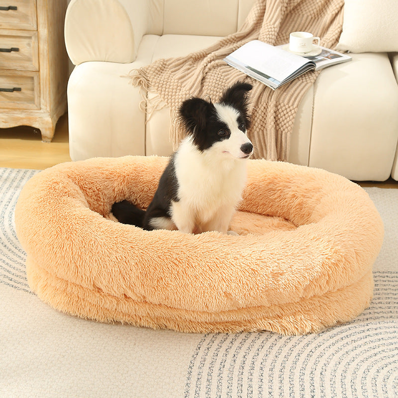 Fluffy Donut-Shaped Pet Bed- Soft, Cozy, and Anti-Anxiety for Dogs and Cats, Machine Washable  Apricot Size:L 90*65*20cm