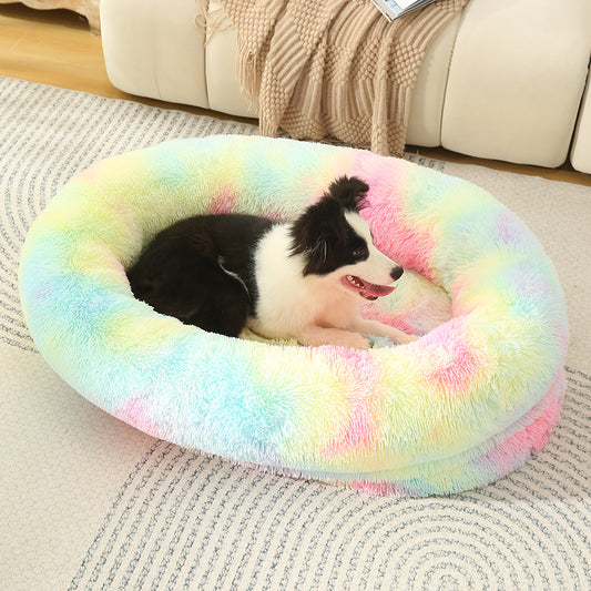 Fluffy Donut-Shaped Pet Bed- Soft, Cozy, and Anti-Anxiety for Dogs and Cats, Machine Washable  Rainbow-colored Size:L 90*65*20cm