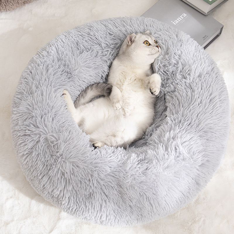 Calming Donut Pet Bed -Soft Faux Fur, Anti-Anxiety Fluffy Round Bed for Cats and Small Dogs (Purple)50cm