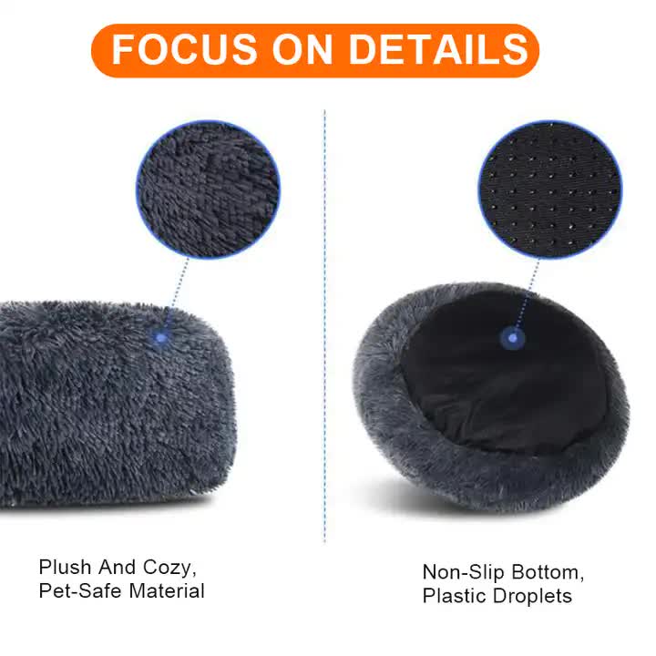 Calming Donut Pet Bed -Soft Faux Fur, Anti-Anxiety Fluffy Round Bed for Cats and Small Dogs (cyan blue)50cm