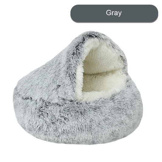 Cozy Gray Plush Hooded Pet Bed - Ultra Soft Long Fur Cave Bed for Small Pets 50cm