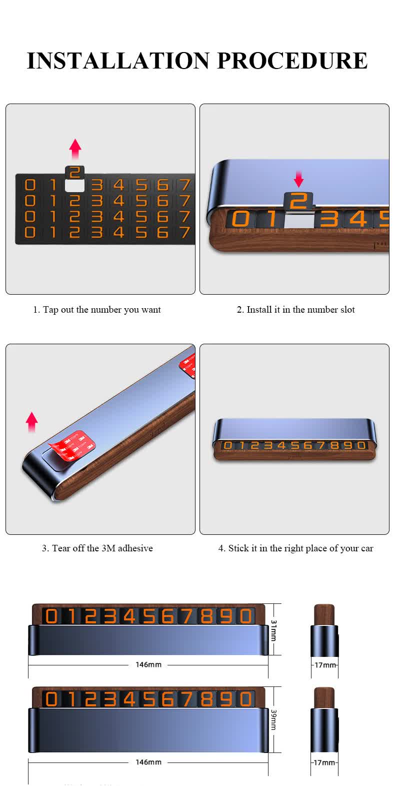 Silver Dual-Number Alloy and Wood Temporary Parking Card - Sliding Privacy Design, Includes 8 Number Sets