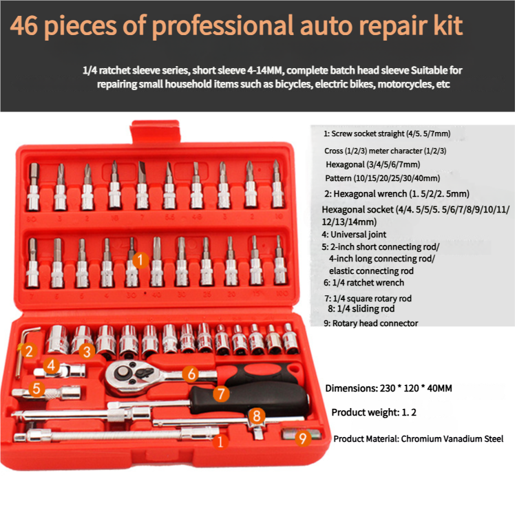 46-Piece Professional Socket Wrench Set - 1/4 Drive, Chrome Vanadium Steel, Ratchet & Bit Kit for Automotive and Household Repairs Red Box