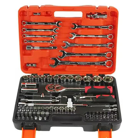 82-Piece Professional Automotive Repair Tool Set - 1/2 & 1/4 Drive Ratchets, Sockets, and Wrenches for Engine, Tire, and Spark Plug Maintenance