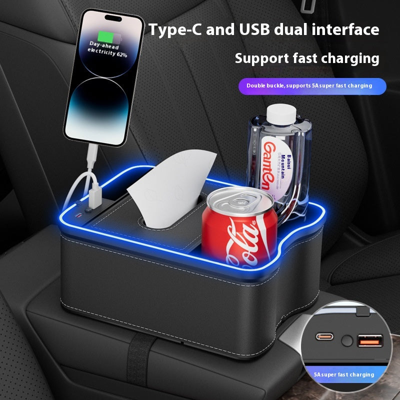 Warm Rice Car Armrest Storage Box with LED Ambient Light - Multifunctional Tissue Holder & Organizer for Car Interior