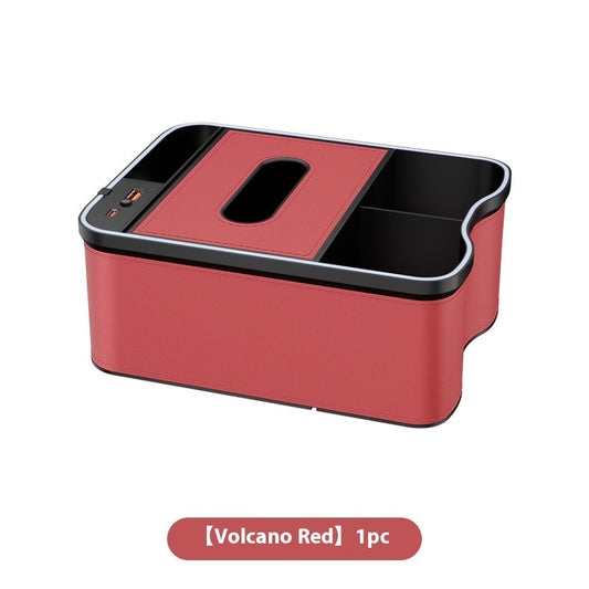 Volcano Red Car Armrest Storage Box with LED Ambient Light - Multifunctional Tissue Holder & Organizer for Car Interior