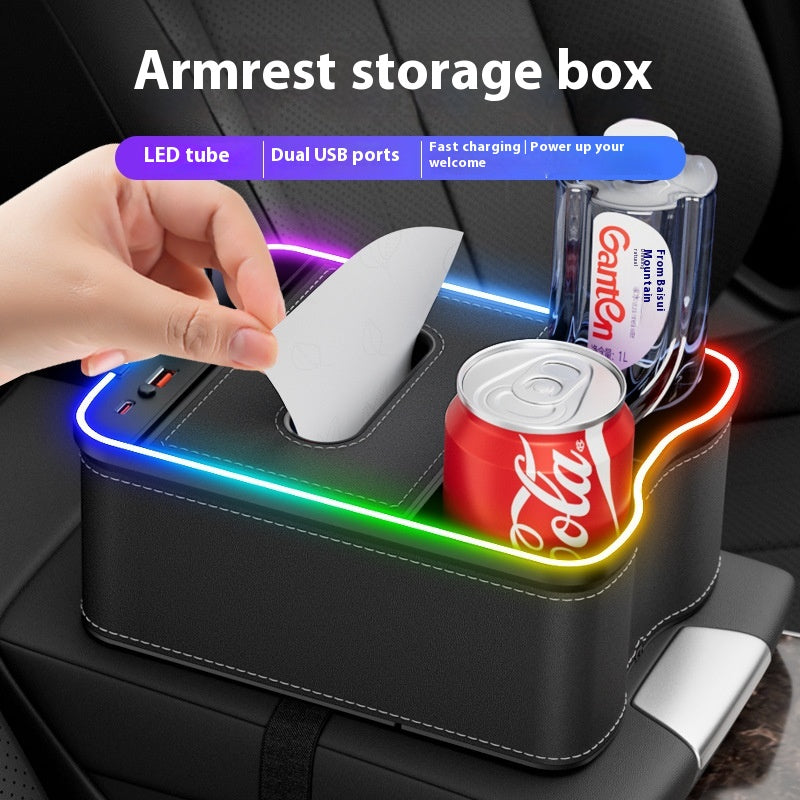 Volcano Red Car Armrest Storage Box with LED Ambient Light - Multifunctional Tissue Holder & Organizer for Car Interior