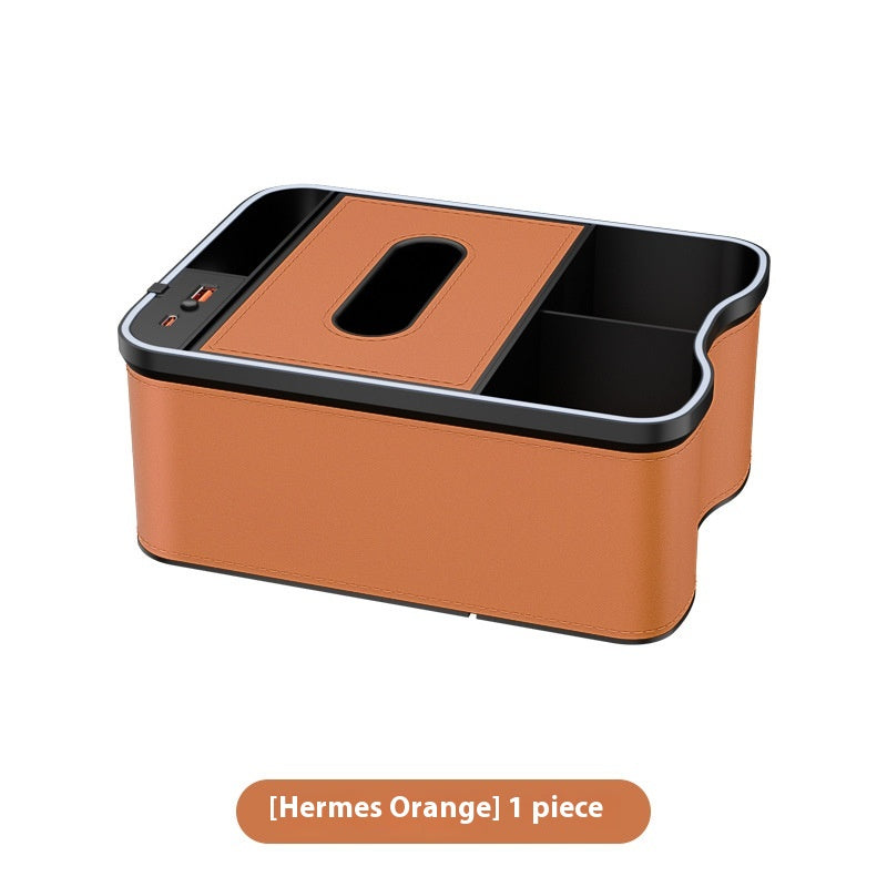 Mermes Orange Car Armrest Storage Box with LED Ambient Light - Multifunctional Tissue Holder & Organizer for Car Interior