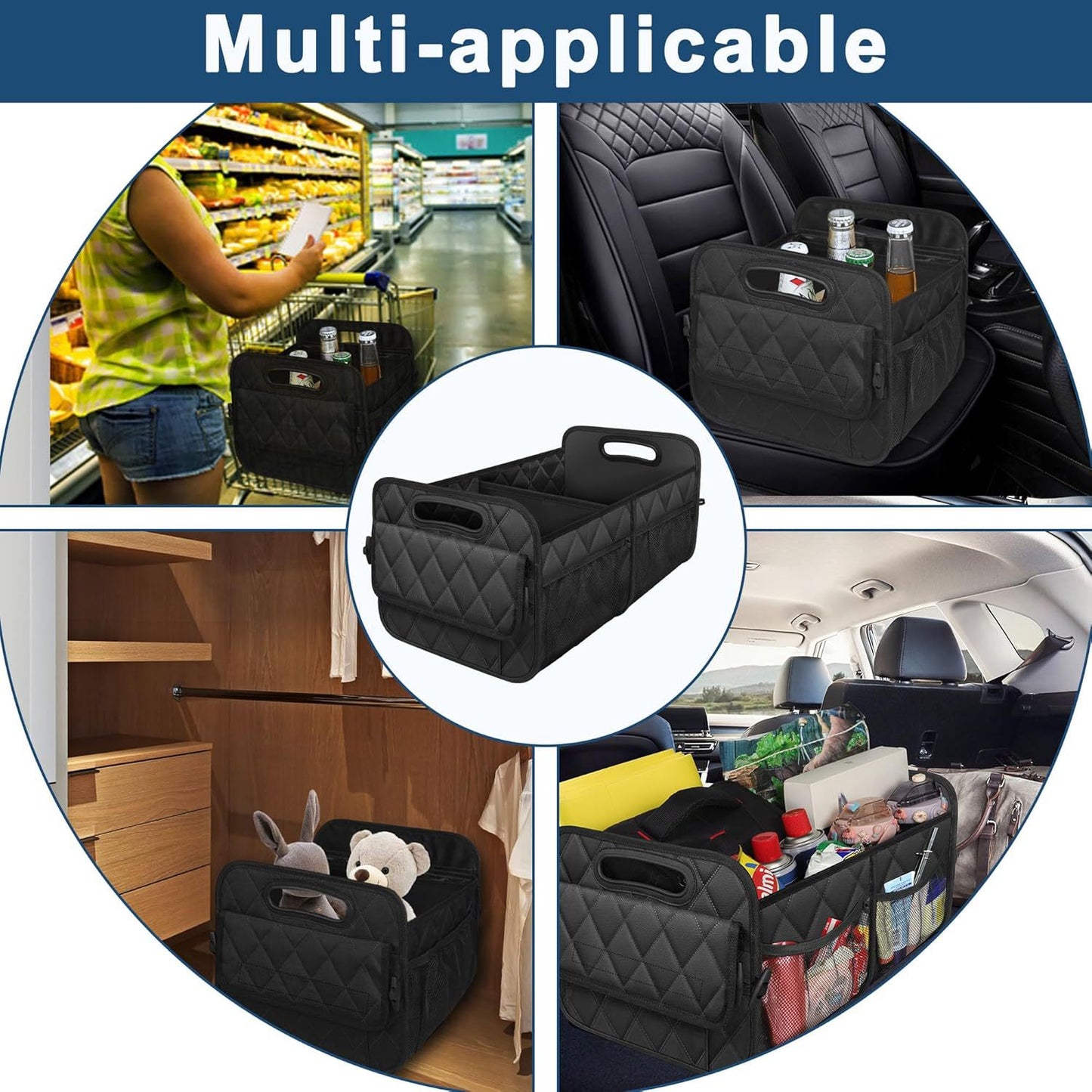 Black Foldable Car Trunk Storage Box with Multiple Compartments - Large Capacity Collapsible Organizer for Car