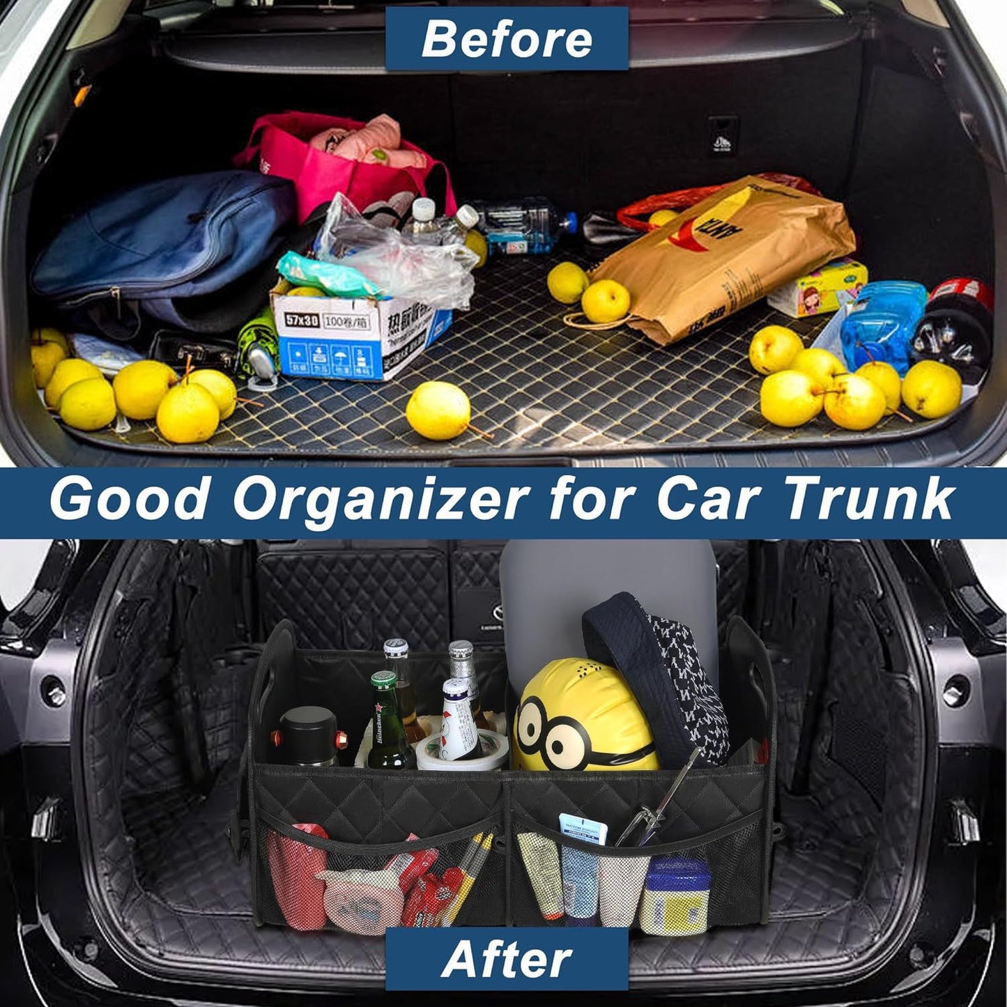 Black Foldable Car Trunk Storage Box with Multiple Compartments - Large Capacity Collapsible Organizer for Car