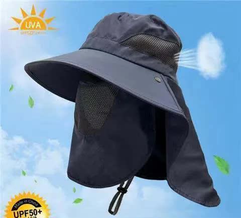 Navy Blue Outdoor UV Protection Hat for Men - Detachable Face & Neck Shield, Large Brim Sun Hat for Fishing, Hiking, and Outdoor Activities