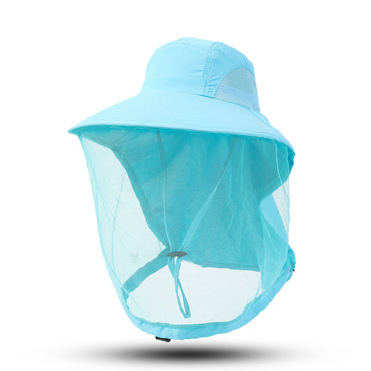 Blue Outdoor Mosquito-Proof Hat with Face Shield - Breathable Fishing Hat for Men, UV Protection Mesh Mask