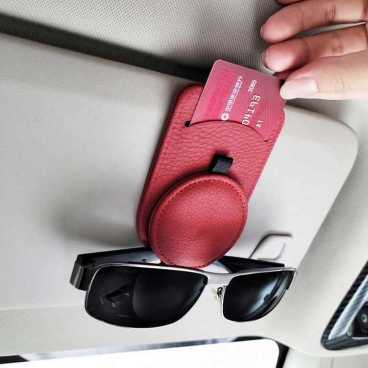 Red Multifunctional Car Sun Visor Glasses Clip with Card Holder - Compact and Convenient