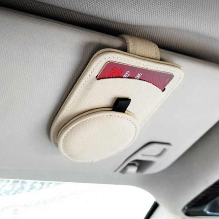 Beige Multifunctional Car Sun Visor Glasses Clip with Card Holder - Compact and Convenient