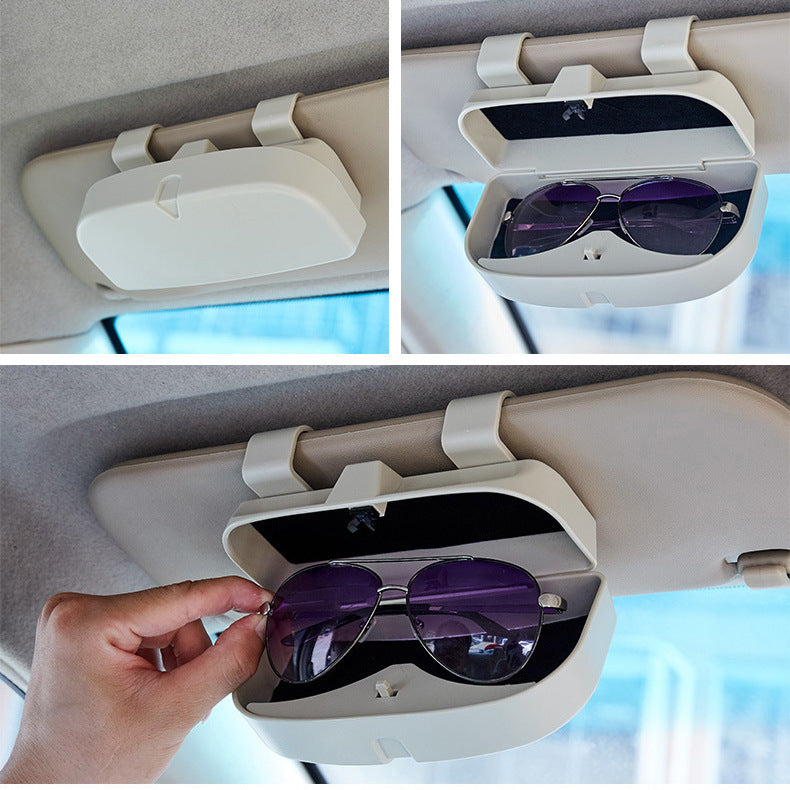 Beige Car Sun Visor Glasses Case - Protective Storage Box for Sunglasses