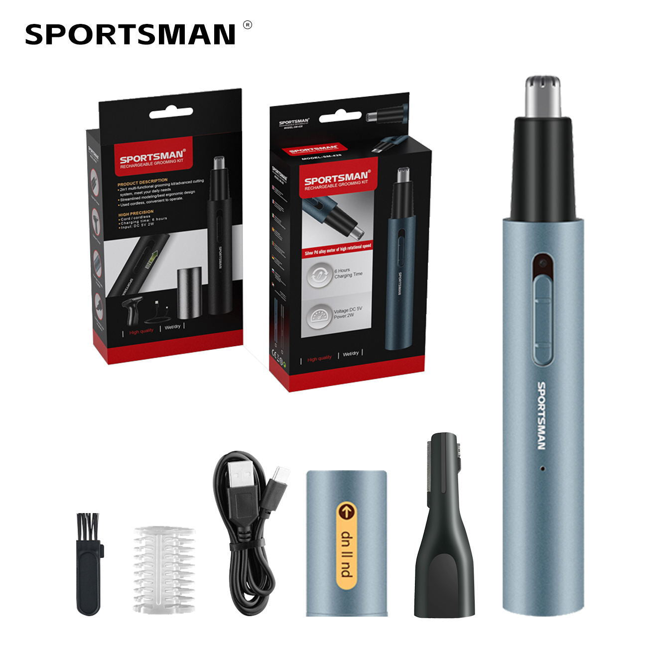 Light Blue Electric Nose Hair Trimmer with Sideburn Cutter - Portable USB Rechargeable Grooming Kit