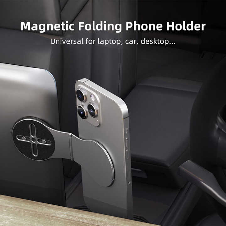 Grey Magnetic Foldable Phone Stand - Universal Aluminum Alloy Desktop & Tesla Car Mount, Compact and Lightweight Design