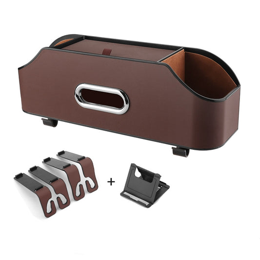 Brown Car Seat Back Organizer - Multi-Function Storage Box with Tissue Holder, Cup Holder, and Phone Mount