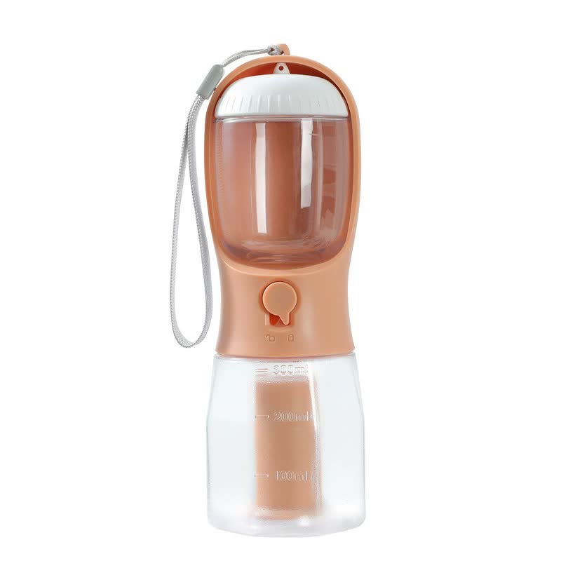 Orange 3-in-1 Portable Pet Water Bottle with Food Storage and Waste Bag Dispenser - 300mL Capacity