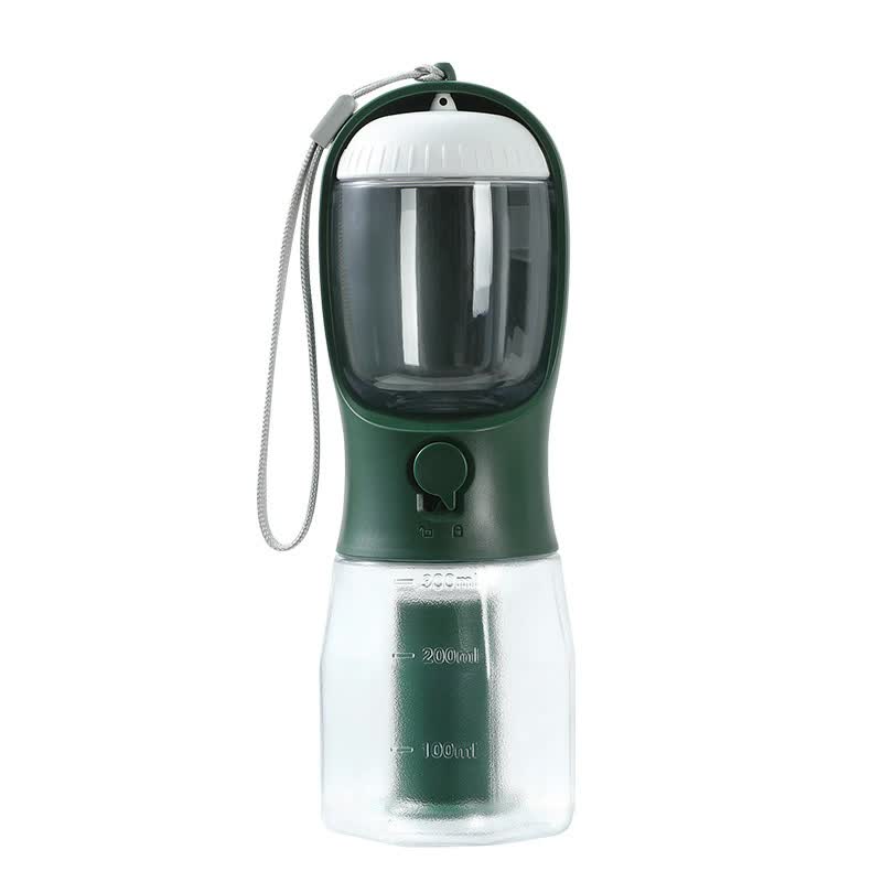 Green 3-in-1 Portable Pet Water Bottle with Food Storage and Waste Bag Dispenser - 300mL Capacity