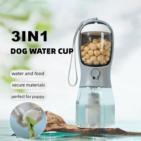 Green 3-in-1 Portable Pet Water Bottle with Food Storage and Waste Bag Dispenser - 300mL Capacity