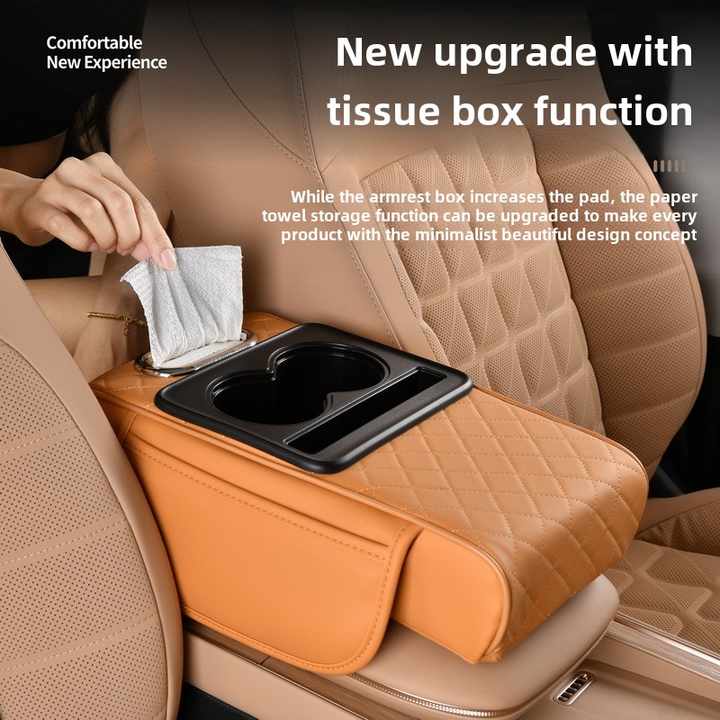 GT-6 No embroidery Black ,Multifunctional Car Armrest Storage Box Cushion - Universal Fit with Cup Holder and Tissue Dispenser