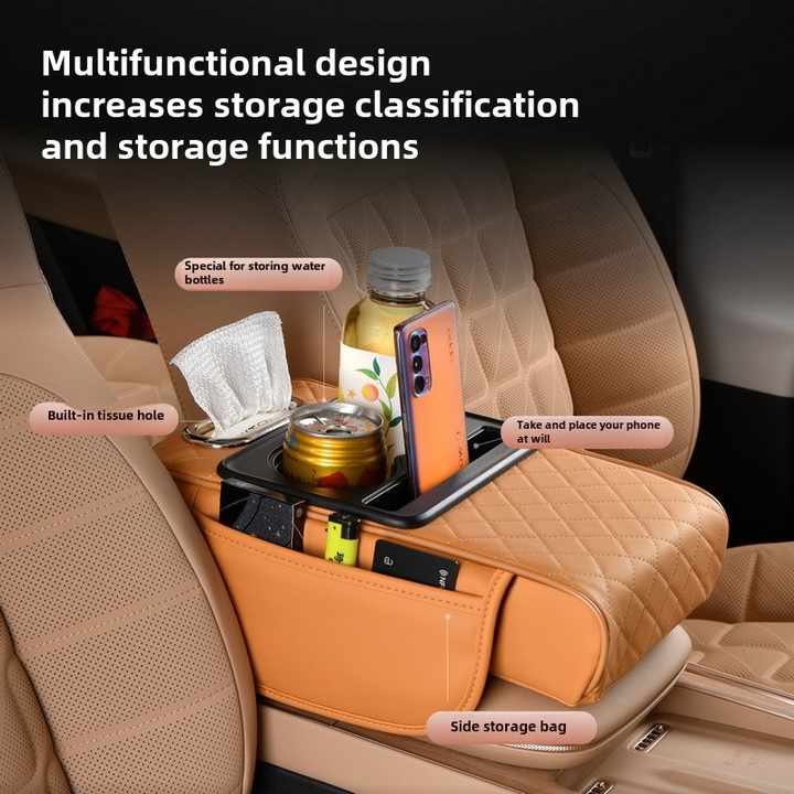 GT-6 No embroidery Black ,Multifunctional Car Armrest Storage Box Cushion - Universal Fit with Cup Holder and Tissue Dispenser