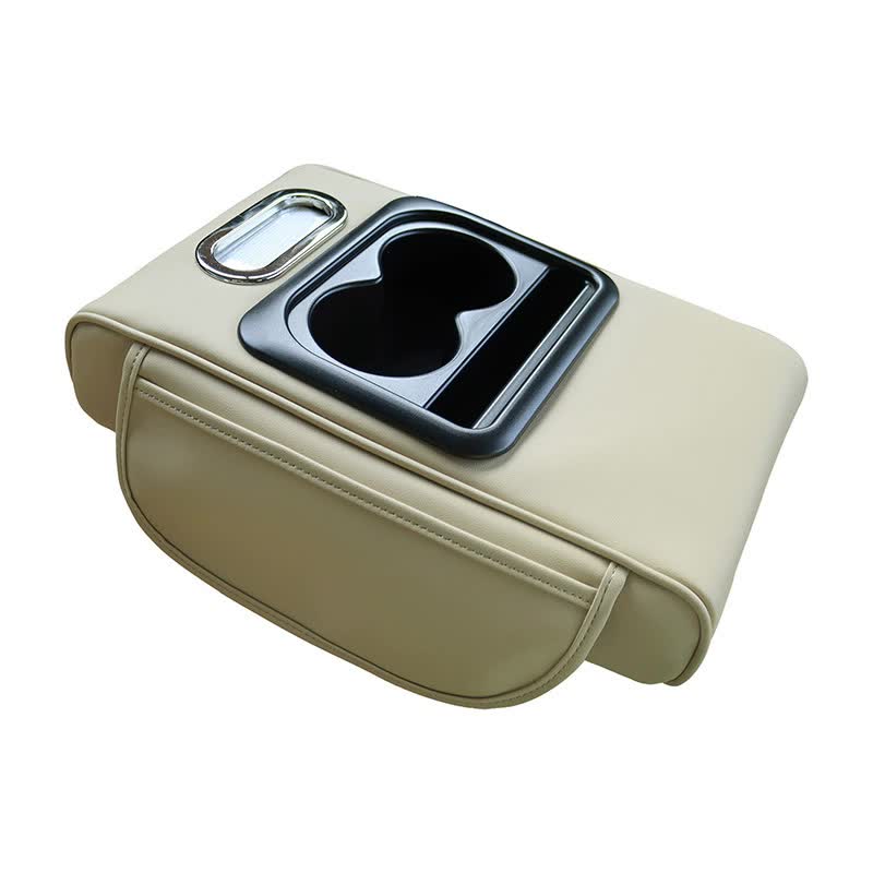 GT-6 No embroidery Beige ,Multifunctional Car Armrest Storage Box Cushion - Universal Fit with Cup Holder and Tissue Dispenser