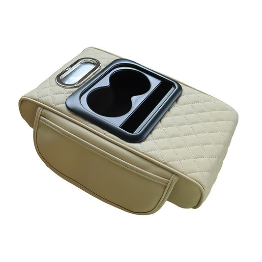 GT-6 Embroidery Beige ,Multifunctional Car Armrest Storage Box Cushion - Universal Fit with Cup Holder and Tissue Dispenser