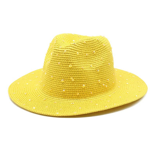 Yellow Women's Wide-Brim Straw Hat with Rhinestones - Elegant and Breathable Sun Hat for Summer Outdoors,M（56-58cm）