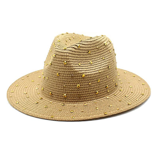 Khaki Women's Wide-Brim Straw Hat with Rhinestones - Elegant and Breathable Sun Hat for Summer Outdoors,M(56-58cm)