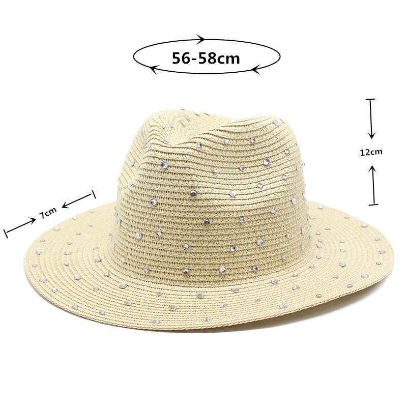 Khaki Women's Wide-Brim Straw Hat with Rhinestones - Elegant and Breathable Sun Hat for Summer Outdoors,M(56-58cm)