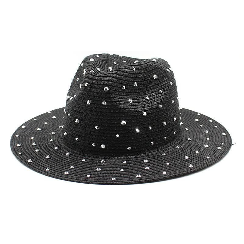 Black Women's Wide-Brim Straw Hat with Rhinestones - Elegant and Breathable Sun Hat for Summer Outdoors,M(56-58cm)