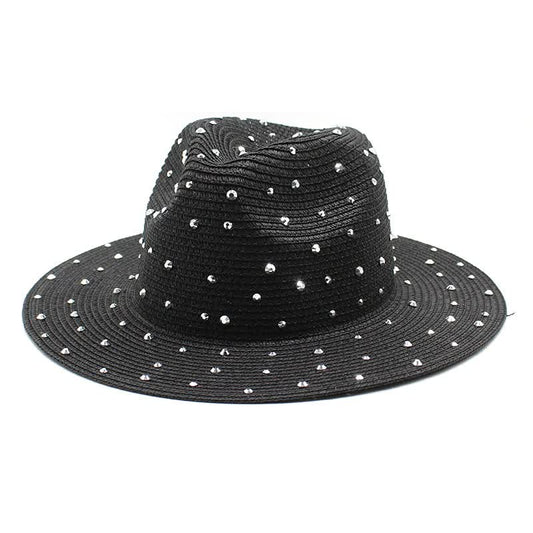 Black Women's Wide-Brim Straw Hat with Rhinestones - Elegant and Breathable Sun Hat for Summer Outdoors,M(56-58cm)