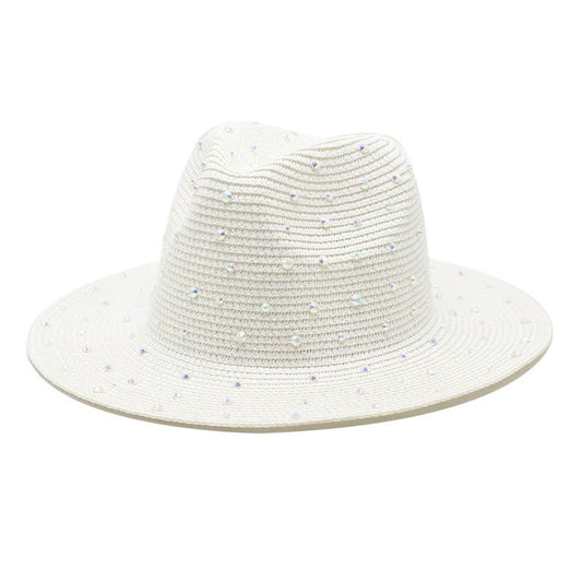 White Women's Wide-Brim Straw Hat with Rhinestones - Elegant and Breathable Sun Hat for Summer Outdoors,M(56-58cm)