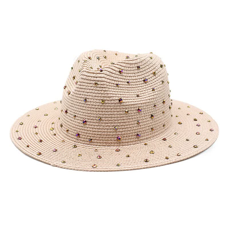 Pink Women's Wide-Brim Straw Hat with Rhinestones - Elegant and Breathable Sun Hat for Summer Outdoors,M(56-58cm)