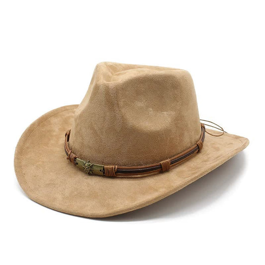 Light Tan Unisex Faux Suede Western Cowboy Hat - Wide Brim Vintage Fedora for Outdoor Travel