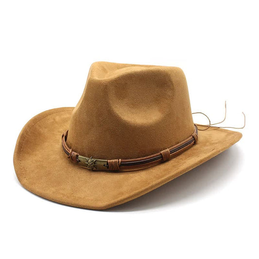 Khaki Unisex Faux Suede Western Cowboy Hat - Wide Brim Vintage Fedora for Outdoor Travel,M(57-58cm)