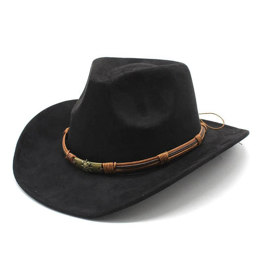 Black Unisex Faux Suede Western Cowboy Hat - Wide Brim Vintage Fedora for Outdoor Travel,M(57-58cm)