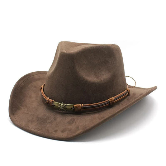 Brown Unisex Faux Suede Western Cowboy Hat - Wide Brim Vintage Fedora for Outdoor Travel,M(57-58cm)