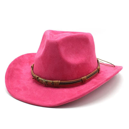 Rose Red Unisex Faux Suede Western Cowboy Hat - Wide Brim Vintage Fedora for Outdoor Travel,M(57-58cm)