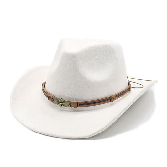 Milky white Unisex Faux Suede Western Cowboy Hat - Wide Brim Vintage Fedora for Outdoor Travel,M(57-58cm)