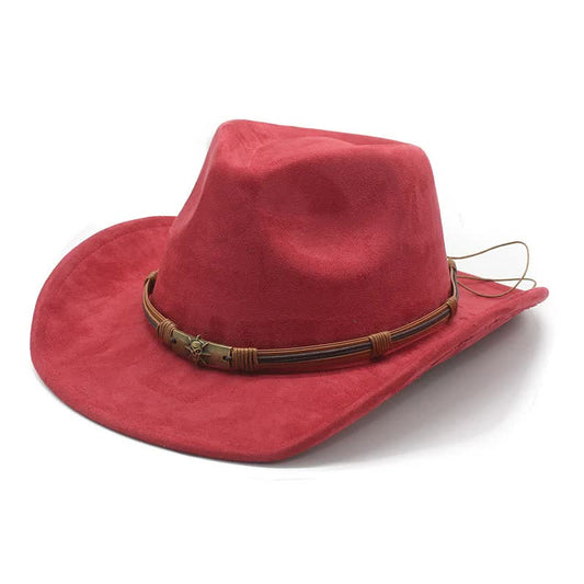 Wine Red Unisex Faux Suede Western Cowboy Hat - Wide Brim Vintage Fedora for Outdoor Travel,M(57-58cm)