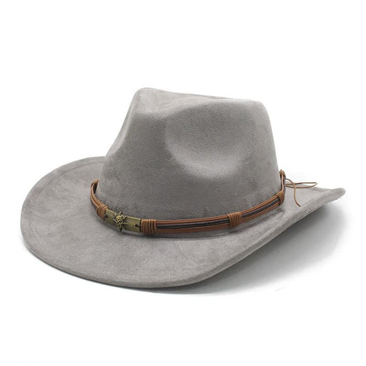 Gray Unisex Faux Suede Western Cowboy Hat - Wide Brim Vintage Fedora for Outdoor Travel,M(57-58cm)