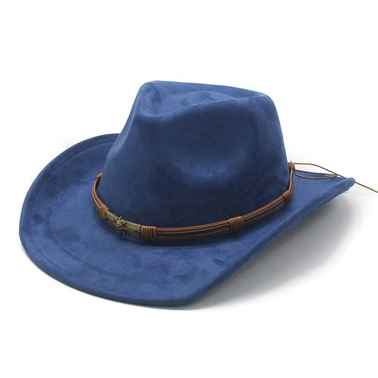 Blue Unisex Faux Suede Western Cowboy Hat - Wide Brim Vintage Fedora for Outdoor Travel,M(57-58cm)