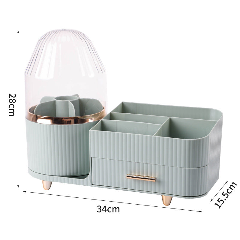 Green Rotating Makeup Organizer Box - Multi-Compartment Cosmetic Storage with Dustproof Cover