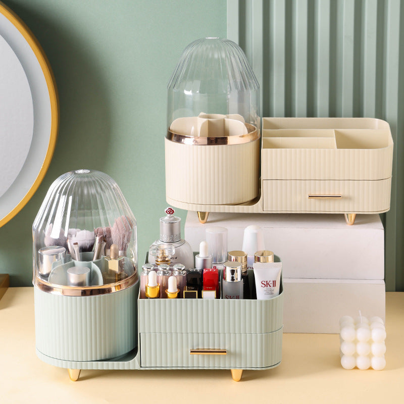 Green Rotating Makeup Organizer Box - Multi-Compartment Cosmetic Storage with Dustproof Cover